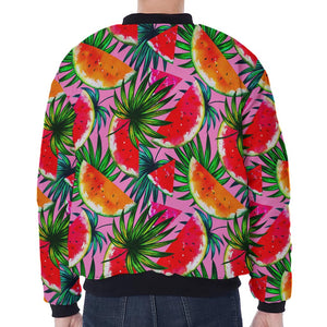 Colorful Leaf Watermelon Pattern Print Zip Sleeve Bomber Jacket