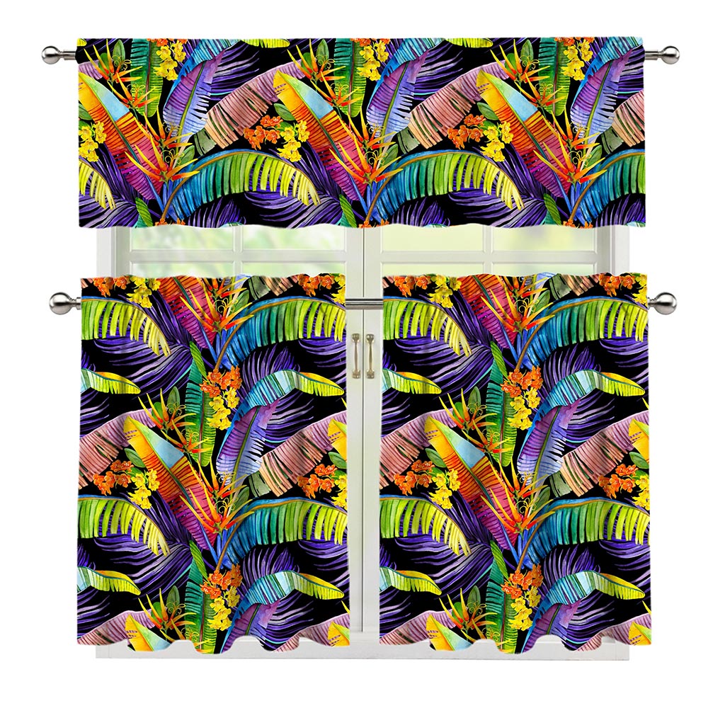 Colorful Leaves Tropical Pattern Print 3 Piece Kitchen Curtains