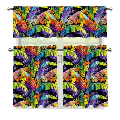 Colorful Leaves Tropical Pattern Print 3 Piece Kitchen Curtains