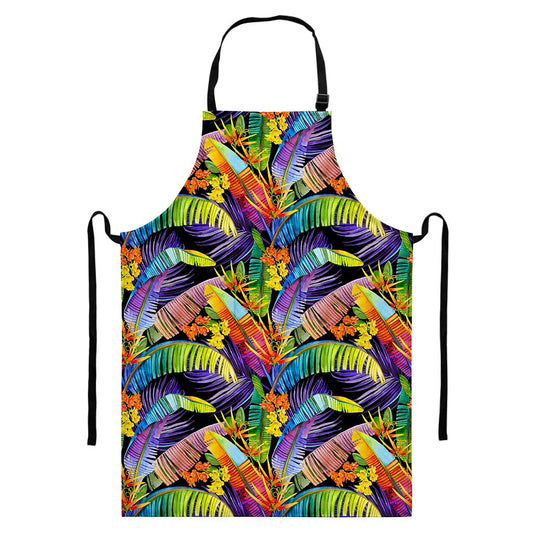 Colorful Leaves Tropical Pattern Print Bib Apron With Pocket