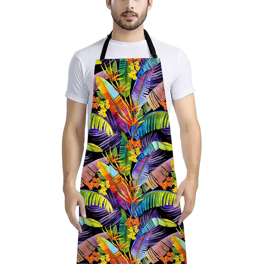 Colorful Leaves Tropical Pattern Print Bib Apron With Pocket