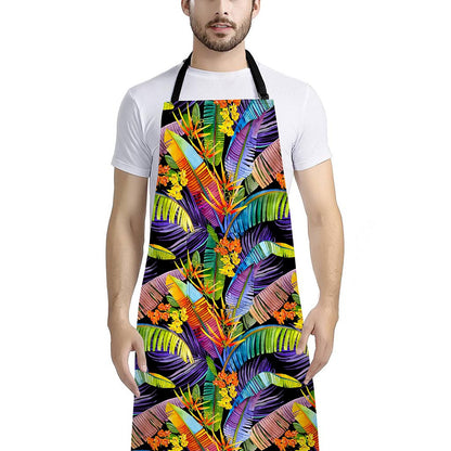 Colorful Leaves Tropical Pattern Print Bib Apron With Pocket