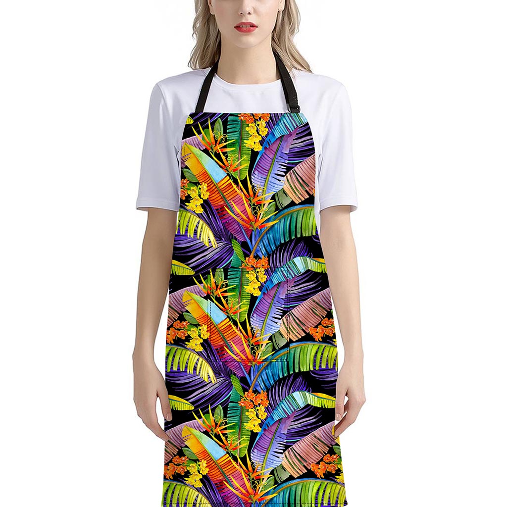 Colorful Leaves Tropical Pattern Print Bib Apron With Pocket