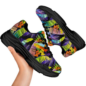 Colorful Leaves Tropical Pattern Print Black Chunky Shoes