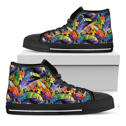 Colorful Leaves Tropical Pattern Print Black High Top Sneakers