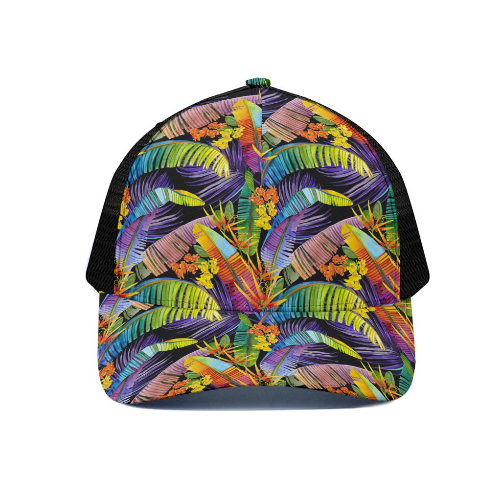 Colorful Leaves Tropical Pattern Print Black Mesh Trucker Cap