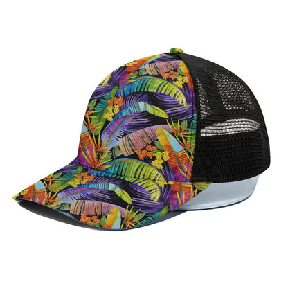 Colorful Leaves Tropical Pattern Print Black Mesh Trucker Cap