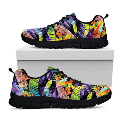 Colorful Leaves Tropical Pattern Print Black Running Shoes
