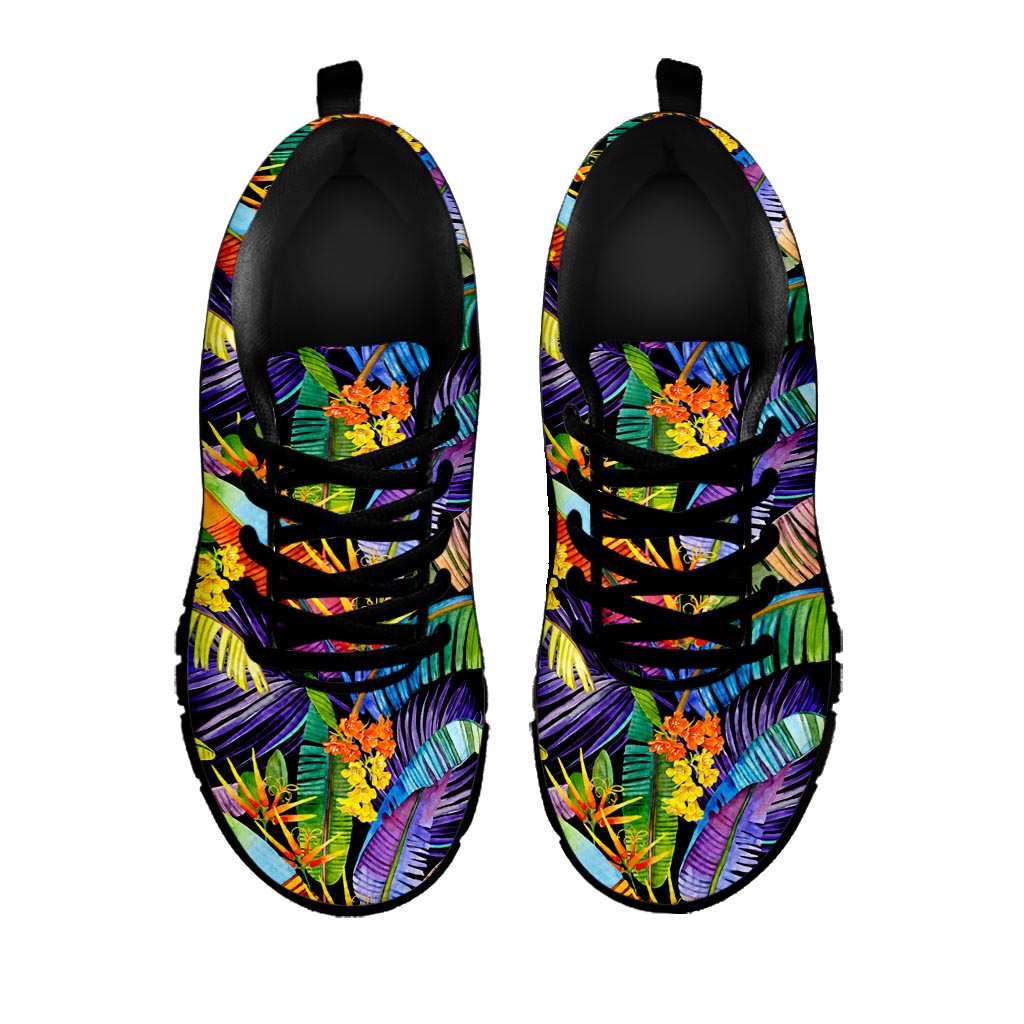 Colorful Leaves Tropical Pattern Print Black Running Shoes