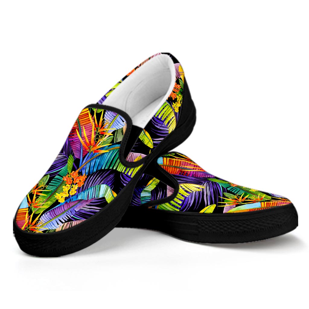 Colorful Leaves Tropical Pattern Print Black Slip On Sneakers