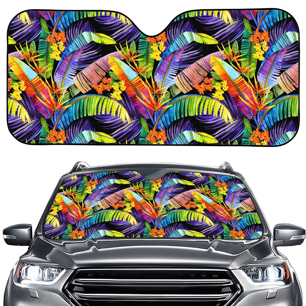 Colorful Leaves Tropical Pattern Print Car Windshield Sun Shade
