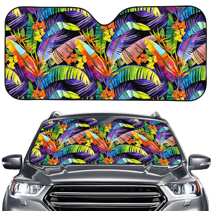 Colorful Leaves Tropical Pattern Print Car Windshield Sun Shade