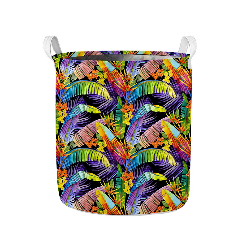 Colorful Leaves Tropical Pattern Print Collapsible Laundry Basket
