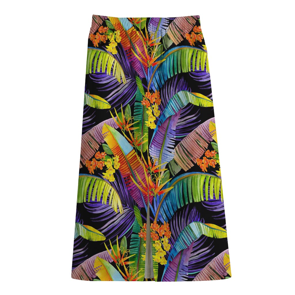 Colorful Leaves Tropical Pattern Print Cotton Front Slit Maxi Skirt