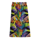 Colorful Leaves Tropical Pattern Print Cotton Front Slit Maxi Skirt