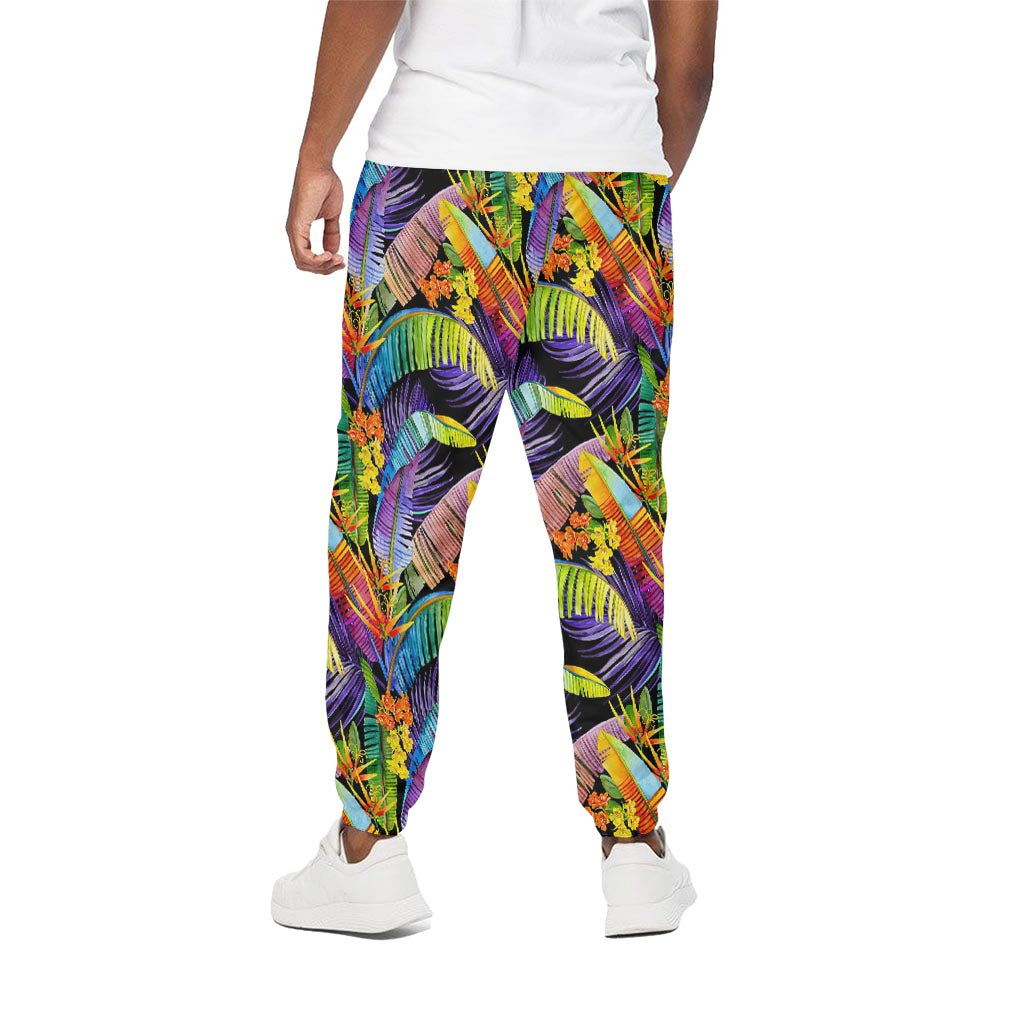 Colorful Leaves Tropical Pattern Print Cotton Pants