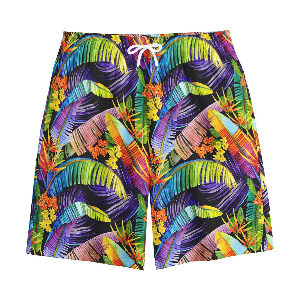 Colorful Leaves Tropical Pattern Print Cotton Shorts