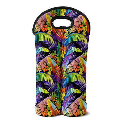 Colorful Leaves Tropical Pattern Print Double Neoprene Wine Tote