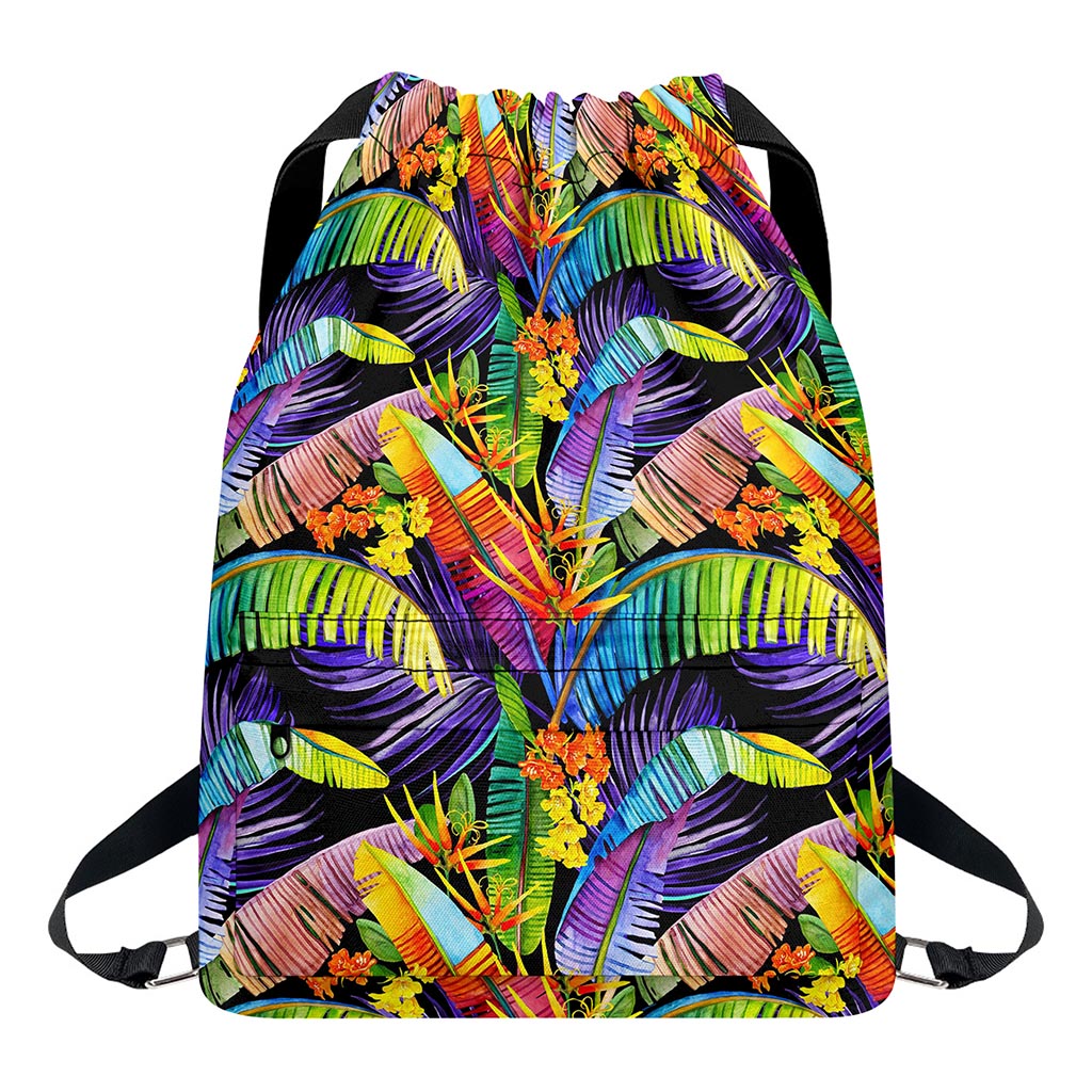 Colorful Leaves Tropical Pattern Print Drawstring Backpack