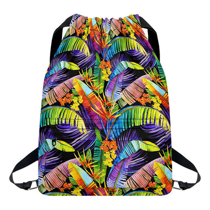 Colorful Leaves Tropical Pattern Print Drawstring Backpack