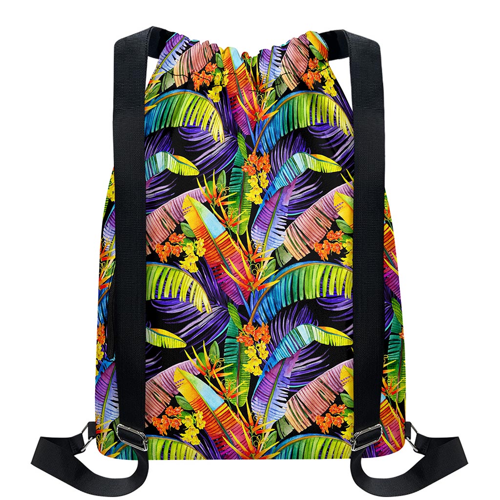 Colorful Leaves Tropical Pattern Print Drawstring Backpack