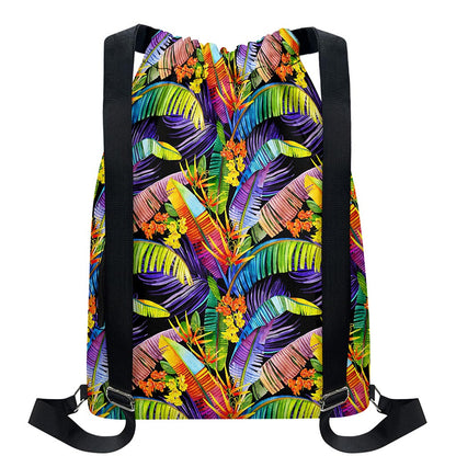 Colorful Leaves Tropical Pattern Print Drawstring Backpack