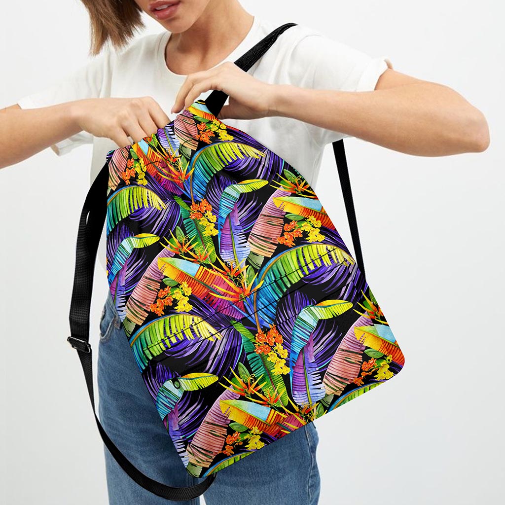 Colorful Leaves Tropical Pattern Print Drawstring Backpack