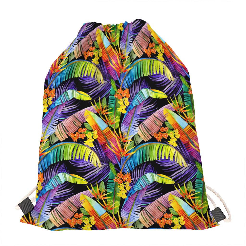 Colorful Leaves Tropical Pattern Print Drawstring Bag
