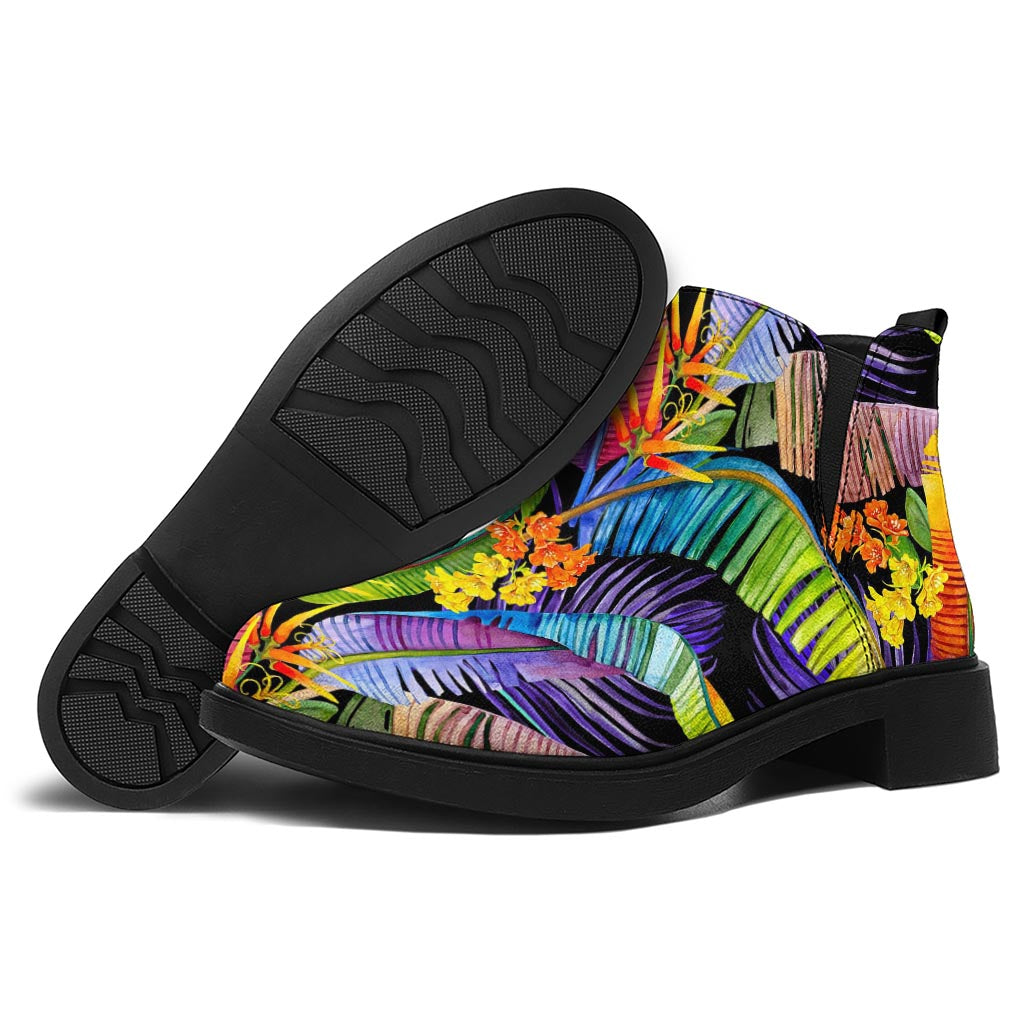 Colorful Leaves Tropical Pattern Print Flat Ankle Boots
