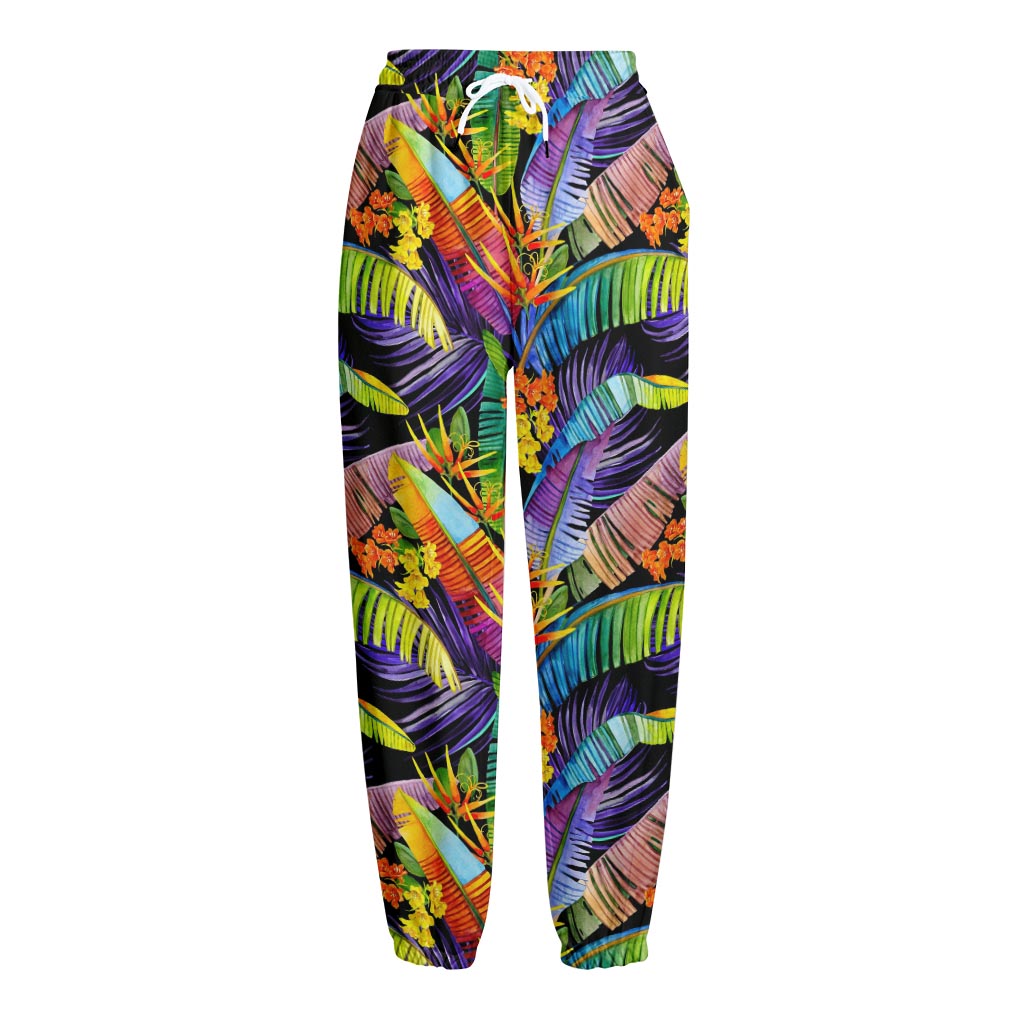 Colorful Leaves Tropical Pattern Print Fleece Lined Knit Pants