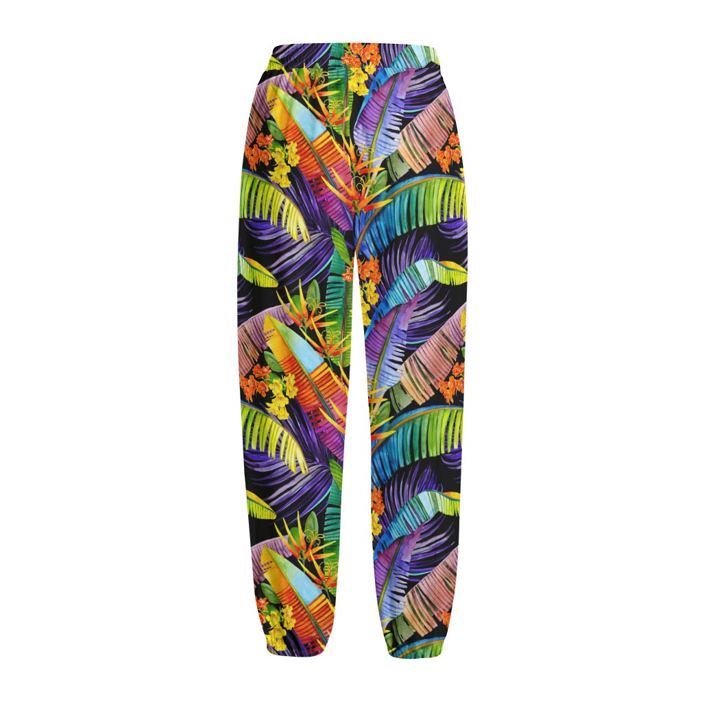 Colorful Leaves Tropical Pattern Print Fleece Lined Knit Pants