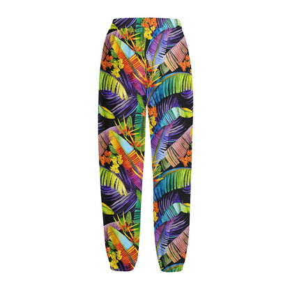 Colorful Leaves Tropical Pattern Print Fleece Lined Knit Pants