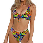 Colorful Leaves Tropical Pattern Print Front Bow Tie Bikini