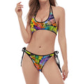 Colorful Leaves Tropical Pattern Print Halter Scoop Tie Side Bikini