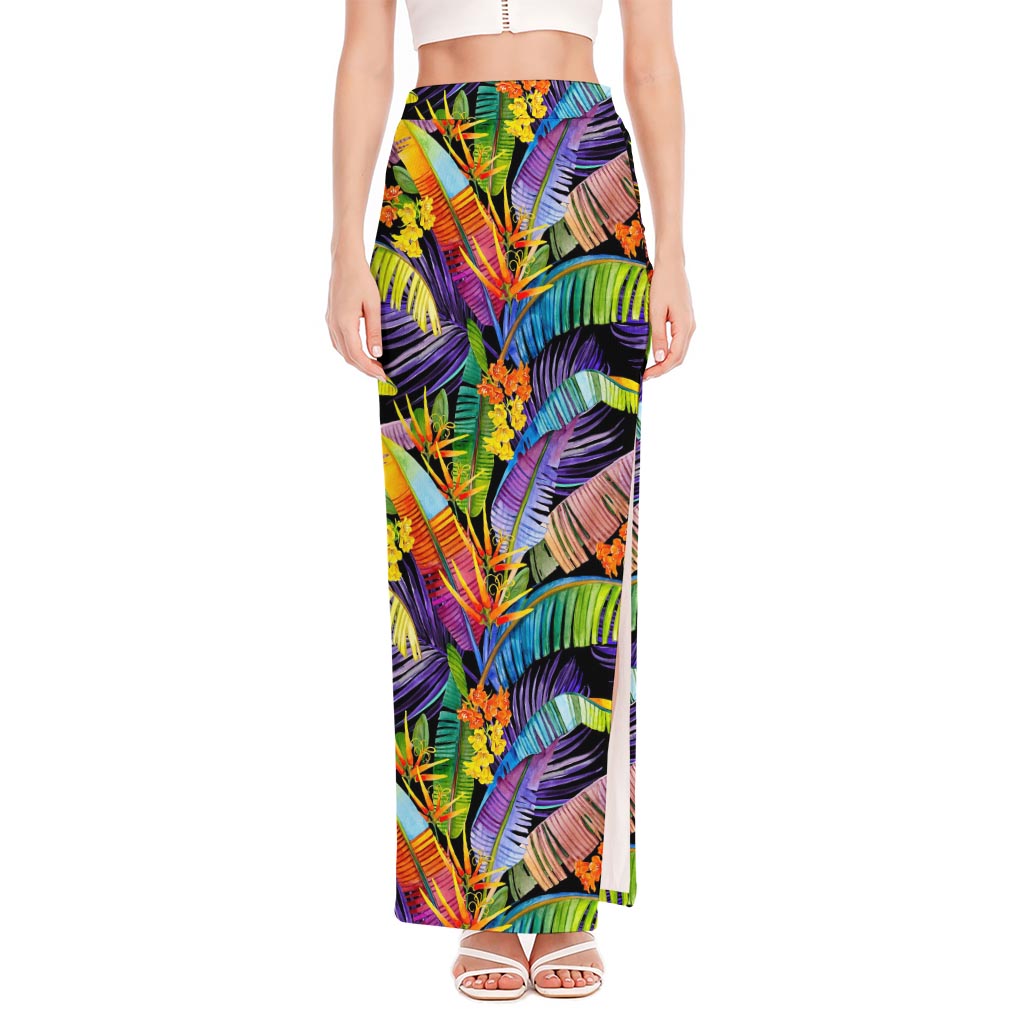 Colorful Leaves Tropical Pattern Print High Slit Maxi Skirt