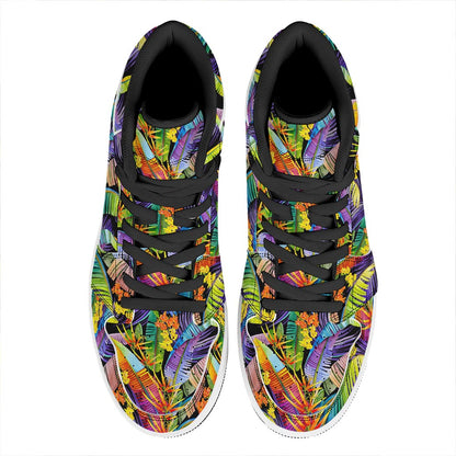 Colorful Leaves Tropical Pattern Print High Top Leather Sneakers