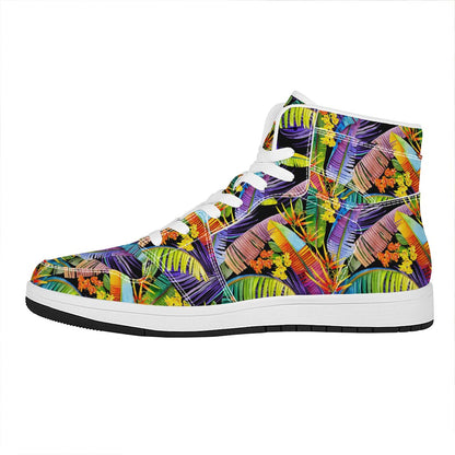 Colorful Leaves Tropical Pattern Print High Top Leather Sneakers