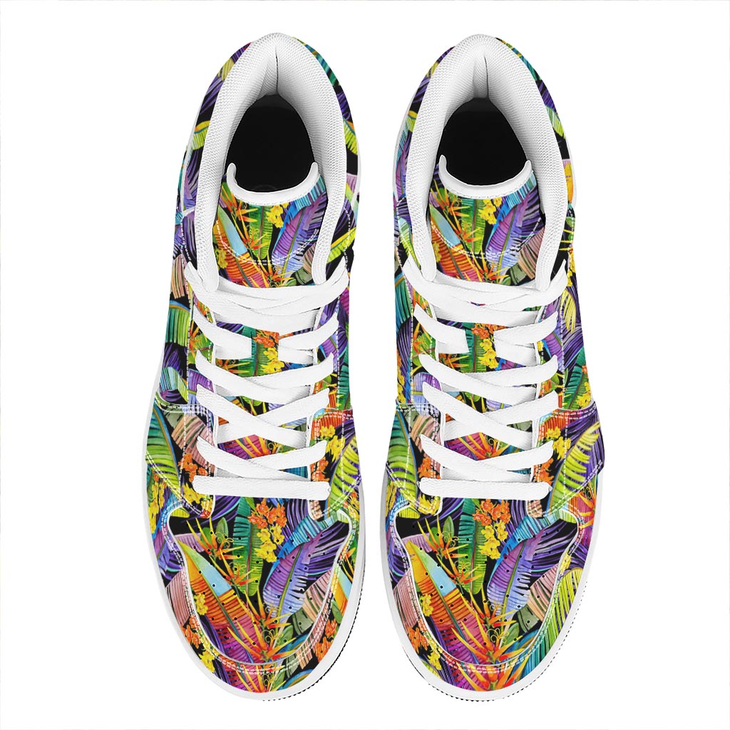 Colorful Leaves Tropical Pattern Print High Top Leather Sneakers