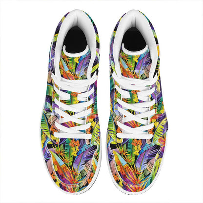 Colorful Leaves Tropical Pattern Print High Top Leather Sneakers