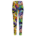 Colorful Leaves Tropical Pattern Print High-Waisted Pocket Leggings