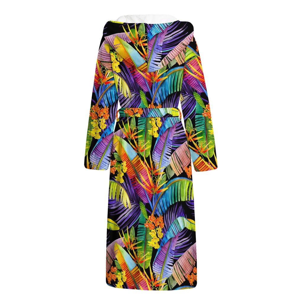 Colorful Leaves Tropical Pattern Print Hooded Bathrobe