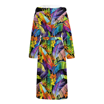 Colorful Leaves Tropical Pattern Print Hooded Bathrobe
