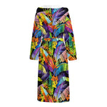Colorful Leaves Tropical Pattern Print Hooded Bathrobe