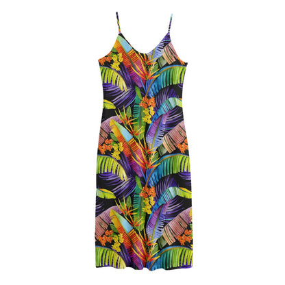 Colorful Leaves Tropical Pattern Print Jersey Midi Cami Dress