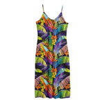 Colorful Leaves Tropical Pattern Print Jersey Midi Cami Dress