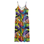 Colorful Leaves Tropical Pattern Print Jersey Midi Cami Dress