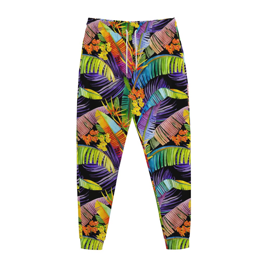 Colorful Leaves Tropical Pattern Print Jogger Pants