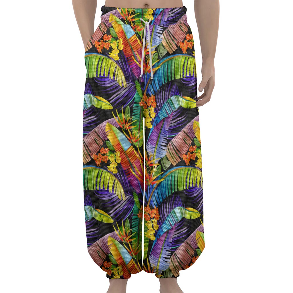 Colorful Leaves Tropical Pattern Print Lantern Pants