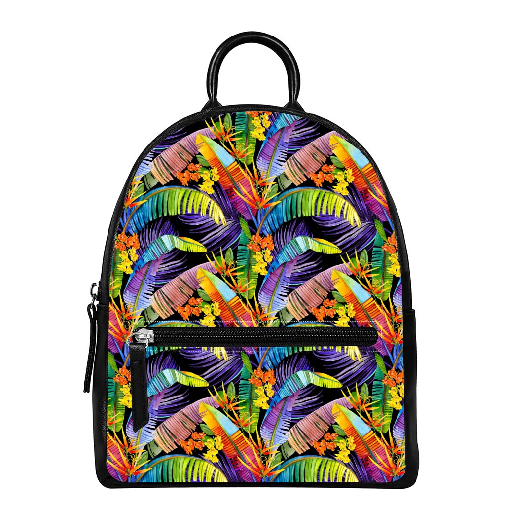 Colorful Leaves Tropical Pattern Print Leather Backpack