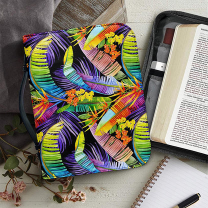 Colorful Leaves Tropical Pattern Print Leather Bible Cover